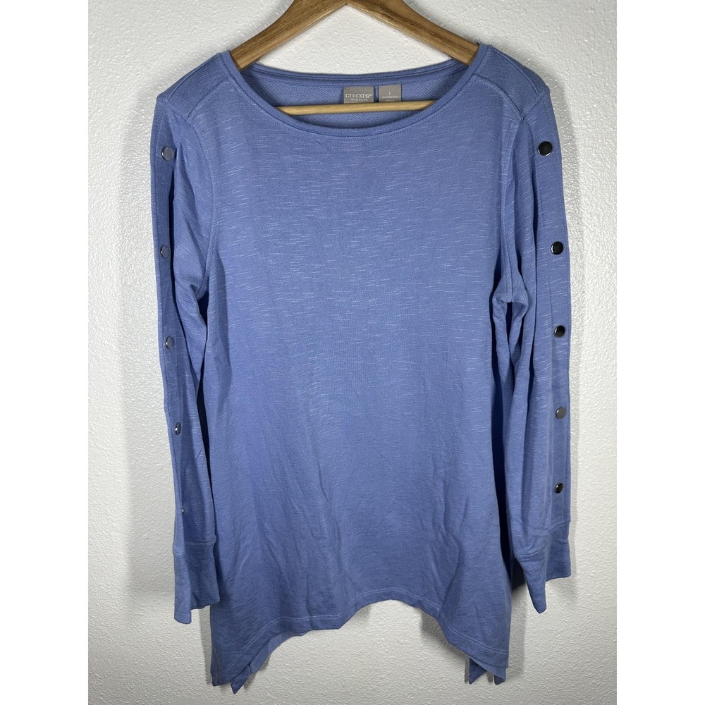 Chico's Zenergy Blouse Womens 1 Blue Button Sleeve Crew Neck Tunic‎ Top Jersey - Picture 7 of 7